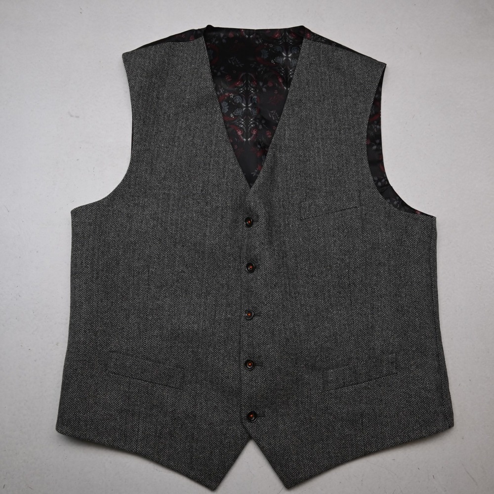 Tallia 42R Large L Gray Herringbone Wool Tweed Wedding Prom Suit Waistcoat Vest